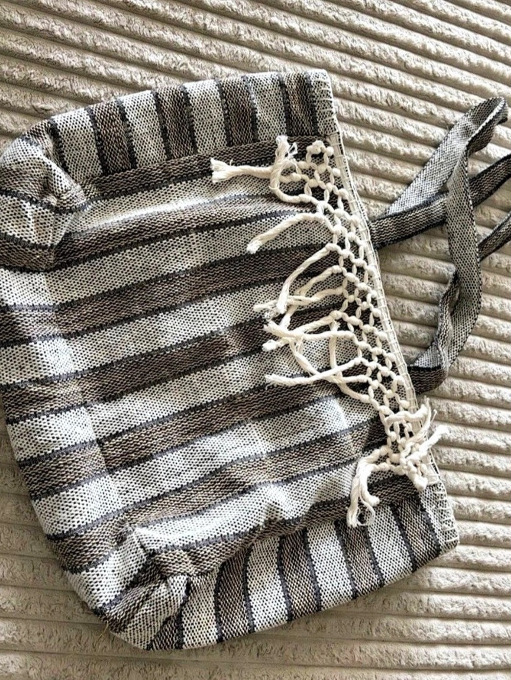 AMUSE Striped Fringe Crossbody Bag in Brown & White